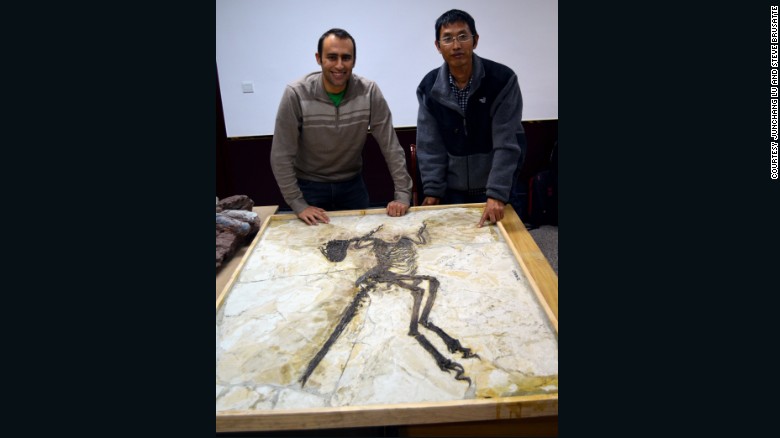 Steve Brusatte, a la izquierda, y Lu Junchang posan frente al esqueleto de Zhenyuanlong.