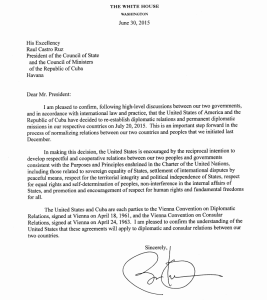 Carta enviada por el presidente Obama al gobierno de Cuba. (Crédito: Departamento de Estado EE.UU)