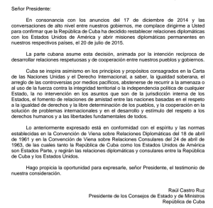 El gobierno cubano envió este documento a su par estadounidense confirmando la fecha de la apertura de las embajadas en ambos países. (Crédito: Departamento de Estado EE.UU)
