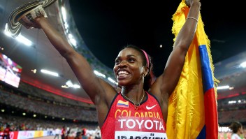 BEIJING, CHINA - AUGUST 24: Caterine Ibarguen of Colombia celebrates after winning gold in the Women's Triple Jump final during day three of the 15th IAAF World Athletics Championships Beijing 2015 at Beijing National Stadium on August 24, 2015 in Beijing, China. (Photo by Cameron Spencer/Getty Images)