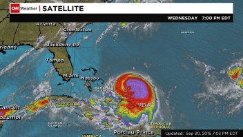Joaquin strengthened into a Category 2 hurricane in the Atlantic on Wednesday, Sept. 30, 2015, and is poised to pound the central Bahamas with heavy rain and dangerous storm surges in the next day. Joaquin's center was spinning 175 miles (281 kilometers) east-northeast of the central Bahamas.