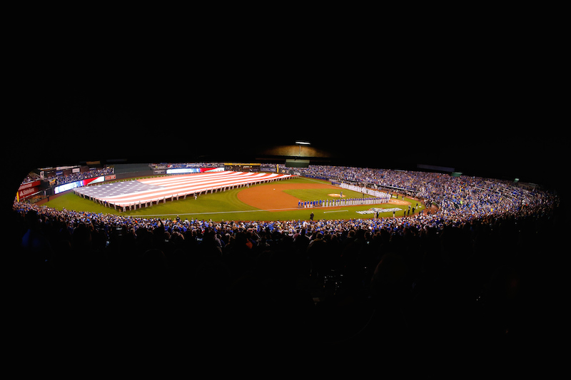 KANSAS CITY, MO - OCTOBER 27: A general view of Kauffman Stadium during the National Anthem prior to Game One of the 2015 World Series between the Kansas City Royals and the New York Mets on October 27, 2015 in Kansas City, Missouri. (Photo by Kyle Rivas/Getty Images)