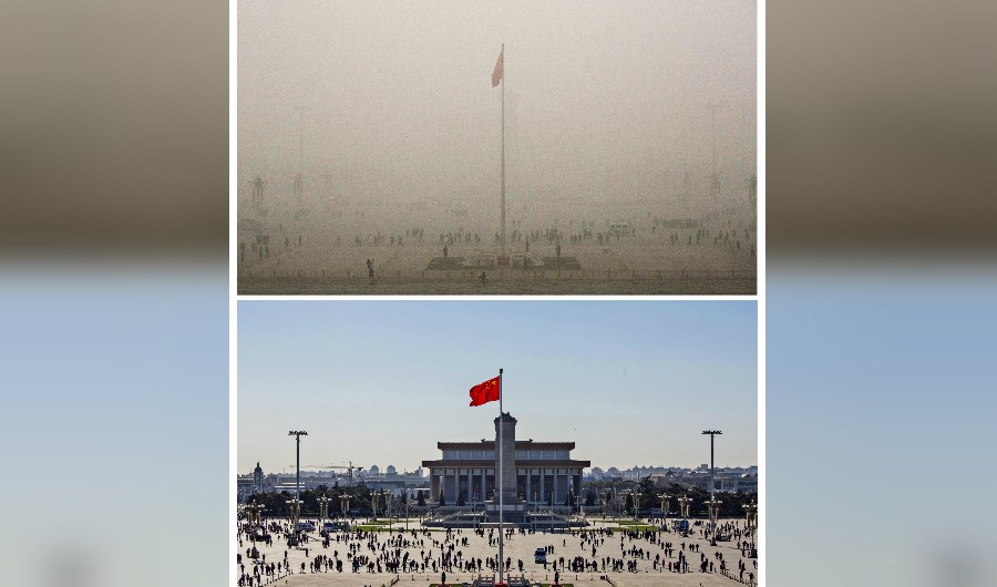 his photo combo shows a general view of people visiting Tiananmen Square during a heavily polluted day on December 1, 2015 (LOWER) and two days later when the smog cleared on December 3 (TOP) in Beijing. The skies cleared in Beijing on December 2 and 3, after being swathed in choking smog that was nearly 24 times safe levels earlier in the week. AFP PHOTO / WANG ZHAO / AFP / WANG ZHAO (Photo credit should read WANG ZHAO/AFP/Getty Images)