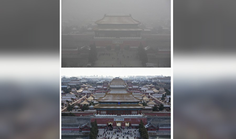 BEIJING, CHINA - DECEMBER 02: In this composite of two separate images, the Forbidden City is seen in heavy pollution, top, on December 1 and 24 hours later under a clear sky on December 2, 2015 in Beijing, China. Until a strong north wind arrived late Tuesday, China's capital and many cities in the northern part of the country recorded the worst smog of the year on November 30 and December 1, 2015 with air quality devices in some areas unable to read such high levels of pollutants. Levels of PM 2.5, considered the most hazardous, crossed 600 units in Beijing, nearly 25 times the acceptable standard set by the World Health Organization. The governments of more than 190 countries are meeting in Paris this week to set targets on reducing carbon emissions in an attempt to forge a new global agreement on climate change.(Photo by Kevin Frayer/Getty Images)
