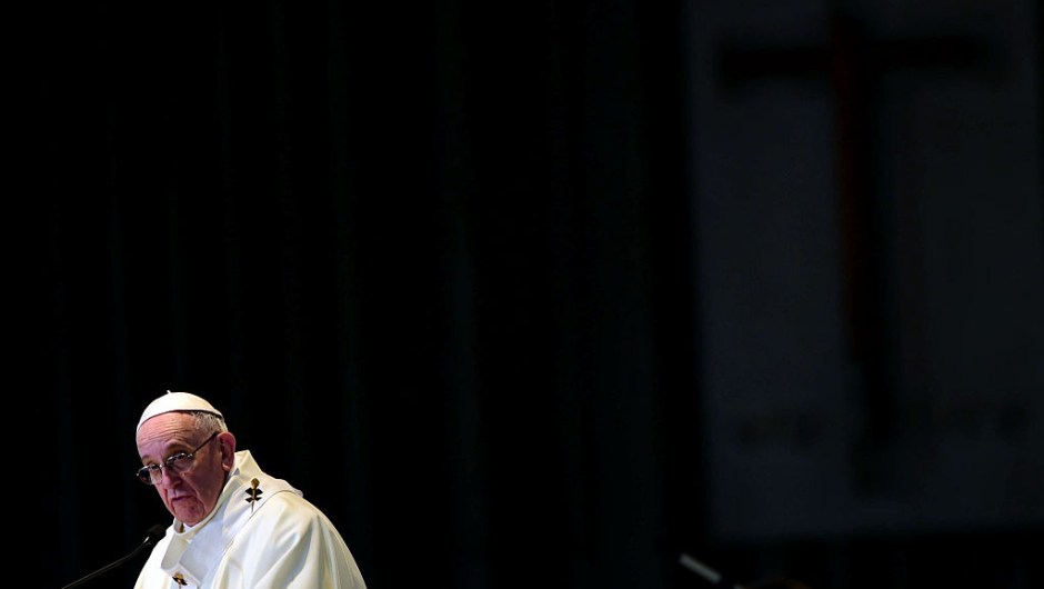 Pope Francis officiates an open-air mass at the Guadalupe Basilica in Mexico City on February 13, 2016. The pope urged Mexican bishops Saturday to take on drug trafficking with "prophetic courage," warning that it represents a moral challenge to society and the church. AFP PHOTO / Alfredo ESTRELLA / AFP / ALFREDO ESTRELLA (Photo credit should read ALFREDO ESTRELLA/AFP/Getty Images)