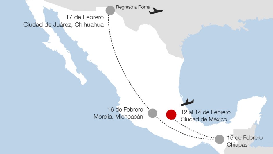 Mapa general de la visita del papa Francisco a México