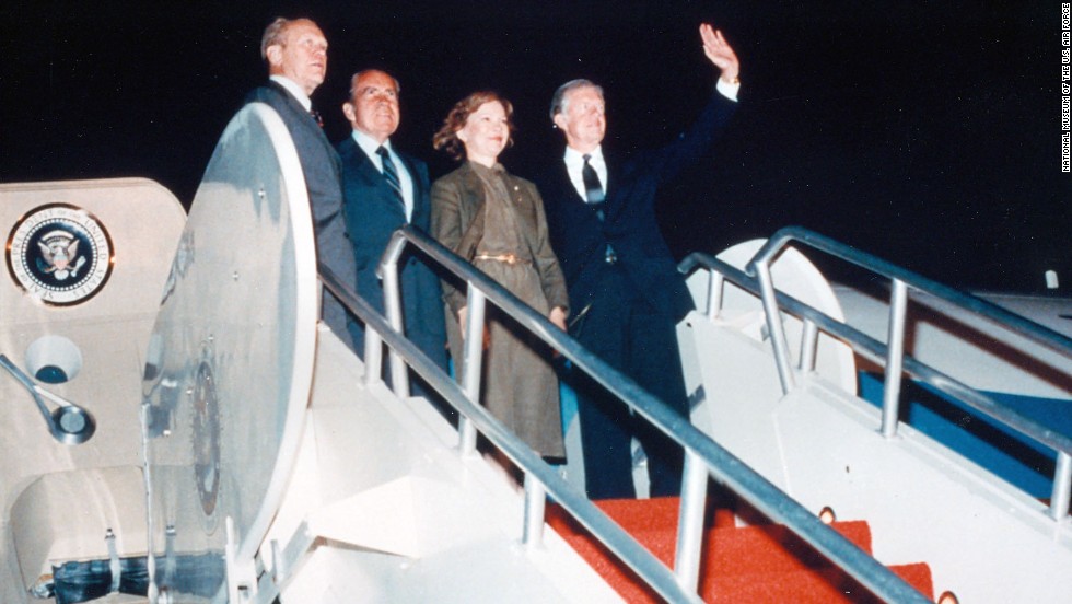 Former Presidents Ford, Nixon and Carter on the steps of Boeing VC-137C SAM 26000 (Air Force One). (U.S. Air Force photo)