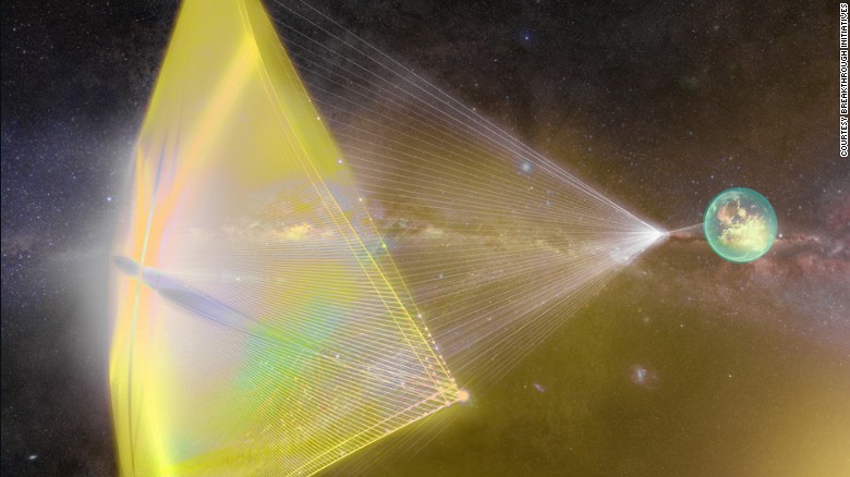 Breakthrough Starshot — Esta ilustración muestra rayos de luz desde la tierra impulsando pequeñas sondas espaciales, como propone el proyecto Breakthrough Starshot que enviaría cientos de “nanonaves” a a estrellas distantes a 4,37 años luz de distancia para explorar el sistema solar Alpha Centauri.