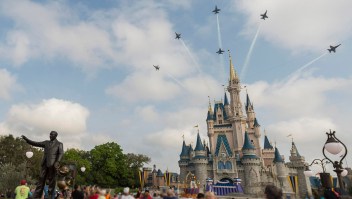 LAKE BUENA VISTA, FL - MARCH 19: In this handout photo provided by Disney Parks, in a special moment for Magic Kingdom guests, the U.S. Navy Flight Demonstration Squadron, the Blue Angels, streaked across the skies above, Cinderella Castle March 19, 2015 at Walt Disney World Resort in Lake Buena Vista, Florida. The flyover featured the Blue Angels' six-jet F/A-18 Hornet Delta Formation making two dramatic passes above the Magic Kingdom, with Cinderella Castle as a focal point, en route to an air show in Florida. (Photo by Mariah Wild/Disney Parks via Getty Images)