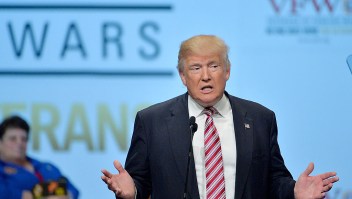 CHARLOTTE, NC - JULY 26: Republican presidential candidate Donald Trump speaks at the 117th National Convention of the Veterans of Foreign Wars of the United States at the Charlotte Convention Center on July 26, 2016 in Charlotte, North Carolina. One day after Democrat presidential candidate Hillary Clinton faced the same group, Trump promised a revision to health care for veterans. (Photo by Sara D. Davis/Getty Images)