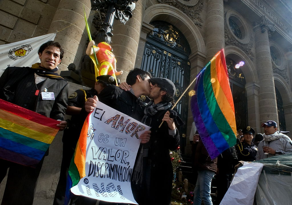 Members of the gay community demand the approval of the homosexual marriage in front of the local Congress in Mexico City, on December 21, 2009. AFP PHOTO/Alfredo ESTRELLA (Photo credit should read ALFREDO ESTRELLA/AFP/Getty Images)