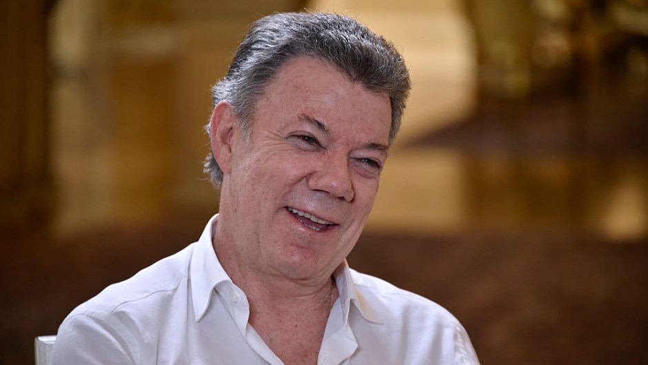 Colombia's President Juan Manuel Santos smiles during an interview with AFP at Casa de Narino presidential palace in Bogota, Colombia, on September 5, 2016. / AFP / GUILLERMO LEGARIA (Photo credit should read GUILLERMO LEGARIA/AFP/Getty Images)
