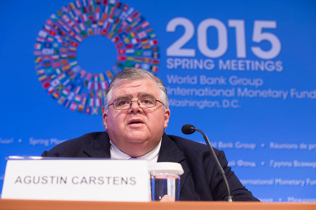 ASHINGTON, DC - APRIL 18: In this handout provided by the International Monetary Fund (IMF), IMFC Chair Agustin Carstens holdsa joint press conference April 18, 2015 after the IMFC meeting at the 2015 IMF/World Bank Spring Meetings In Washington, DC. (Photo by Stephen Jaffe/IMF via Getty Images)