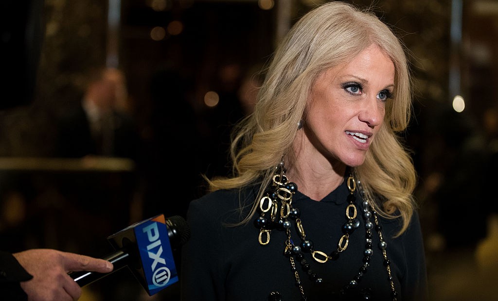 NEW YORK, NY - DECEMBER 15: Republican political strategist Kellyanne Conway speaks with reporters in the lobby at Trump Tower, December 15, 2016 in New York City. President-elect Donald Trump and his transition team are in the process of filling cabinet and other high level positions for the new administration. (Photo by Drew Angerer/Getty Images)