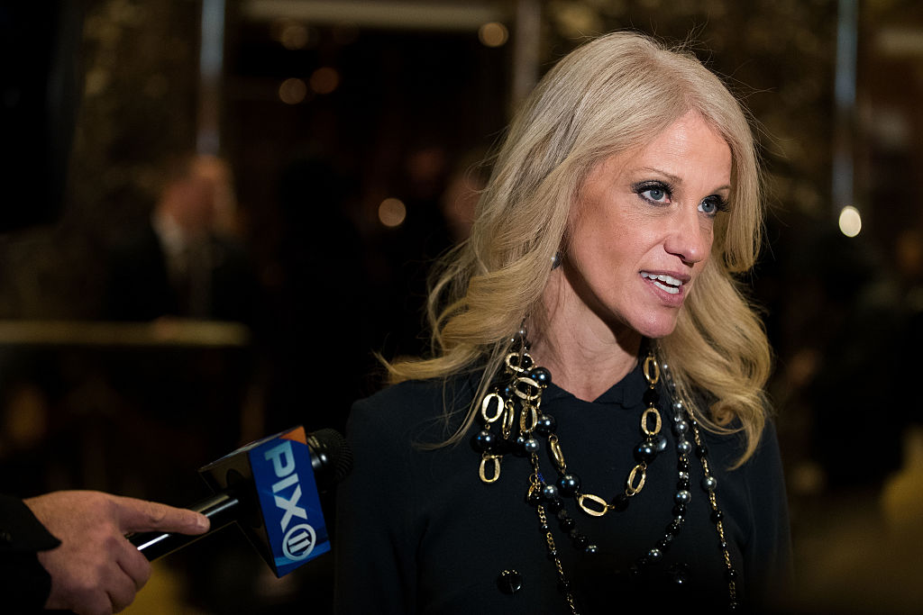 NEW YORK, NY - DECEMBER 15: Republican political strategist Kellyanne Conway speaks with reporters in the lobby at Trump Tower, December 15, 2016 in New York City. President-elect Donald Trump and his transition team are in the process of filling cabinet and other high level positions for the new administration. (Photo by Drew Angerer/Getty Images)