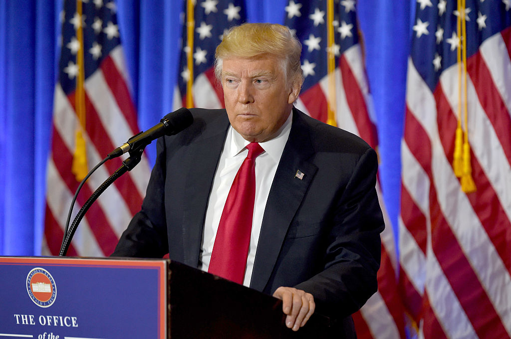 US President-elect Donald Trump speaks during a press conference January 11, 2017 at Trump Tower in New York. Trump held his first news conference in nearly six months Wednesday, amid explosive allegations over his ties to Russia, a little more than a week before his inauguration. / AFP / TIMOTHY A. CLARY (Photo credit should read TIMOTHY A. CLARY/AFP/Getty Images)