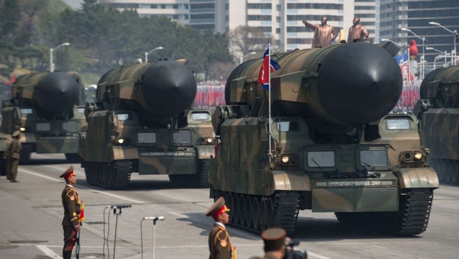 An unidentified rocket is displayed during a military parade marking the 105th anniversary of the birth of late North Korean leader Kim Il-Sung in Pyongyang on April 15, 2017. North Korean leader Kim Jong-Un on April 15 saluted as ranks of goose-stepping soldiers followed by tanks and other military hardware paraded in Pyongyang for a show of strength with tensions mounting over his nuclear ambitions. / AFP PHOTO / Ed JONES (Photo credit should read ED JONES/AFP/Getty Images)