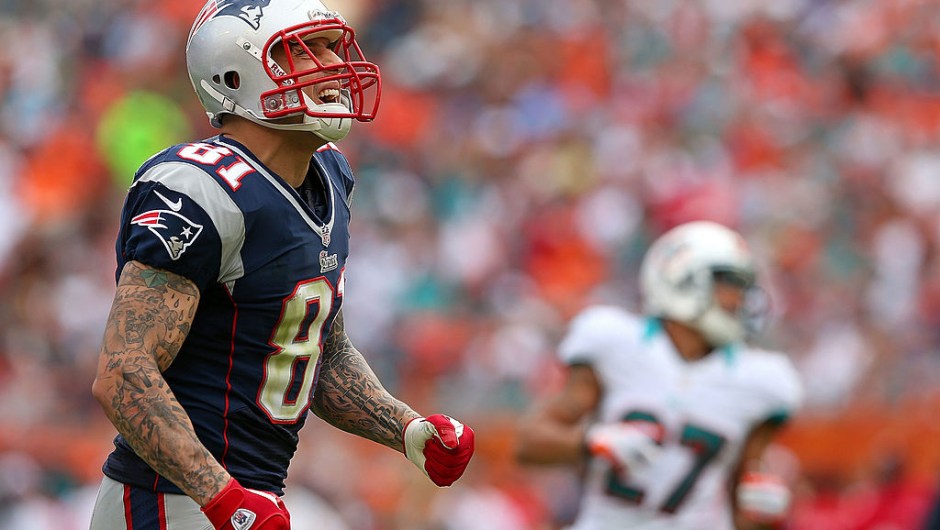 MIAMI GARDENS, FL - DECEMBER 02: Aaron Hernandez #81 of the New England Patriots reacts to a play during a game against the Miami Dolphins at Sun Life Stadium on December 2, 2012 in Miami Gardens, Florida. (Photo by Mike Ehrmann/Getty Images)
