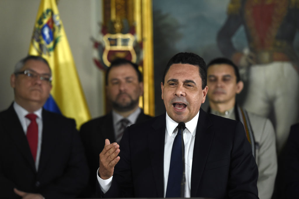 Venezuelan Foreign Minister Daniel Moncada speaks during a press conference in Caracas on July 18, 2017. US President Donald Trump threatened Venezuela with swift "economic actions" on Monday if its leader pushes on with an unpopular bid to change his country's constitution amid mounting condemnation. / AFP PHOTO / JUAN BARRETO (Photo credit should read JUAN BARRETO/AFP/Getty Images)