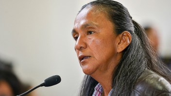 Argentine Milagro Sala, imprisoned leader of the Tupac Amaru neighborhood association, speaks during a court hearing in Jujuy on December 15, 2016. Sala, 52, is in jail since January 2016 for insurrection after having called for a protest against Jujuy's governor Gerardo Morales, an ally of Argentine President Mauricio Macri. / AFP / TELAM / EDGARDO A. VALERA (Photo credit should read EDGARDO A. VALERA/AFP/Getty Images)