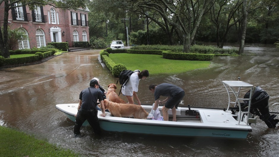 Voluntarios y agentes de la patrulla de seguridad del barrio ayudan a rescatar a residentes y a sus perros en el barrio de River Oaks el 27 de agosto de 2017 en Houston, Texas. Crédito: Scott Olson / Getty Images