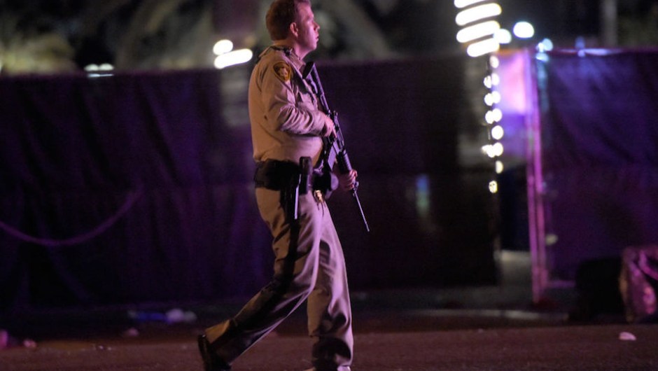 LAS VEGAS, NV - OCTOBER 02: Las Vegas police patrol along the streets outside the the Route 91 Harvest country music festival grounds after a active shooter was reported on October 1, 2017 in Las Vegas, Nevada. A gunman has opened fire on a music festival in Las Vegas, leaving at least 2 people dead. Police have confirmed that one suspect has been shot. The investigation is ongoing. (Photo by David Becker/Getty Images)