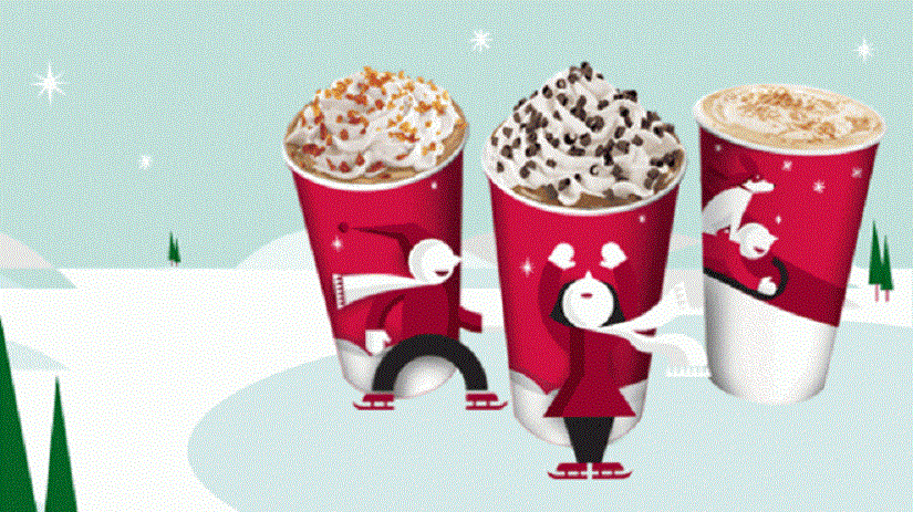 Los personajes art decó formaron parte de los vasos navideños de Starbucks durante tres años. En 2011, los personajes practicaban deportes de invierno.