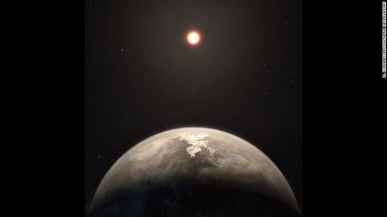 This artist???s impression shows the temperate planet Ross 128 b, with its red dwarf parent star in the background. This planet, which lies only 11 light-years from Earth, was found by a team using ESO???s unique planet-hunting HARPS instrument. The new world is now the second-closest temperate planet to be detected after Proxima b. It is also the closest planet to be discovered orbiting an inactive red dwarf star, which may increase the likelihood that this planet could potentially sustain life. Ross 128 b will be a prime target for ESO???s Extremely Large Telescope, which will be able to search for biomarkers in the planet's atmosphere.