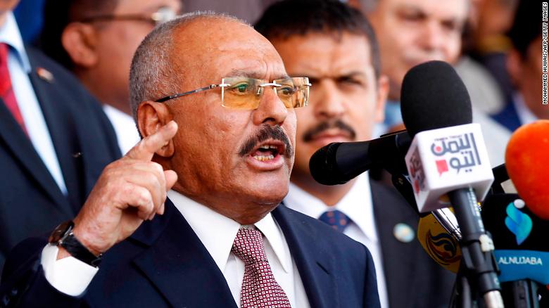 Yemen's ex-president Ali Abdullah Saleh gives a speech addressing his supporters during a rally as his General People's Congress party, marks 35 years since its founding, at Sabaeen Square in the capital Sanaa on August 24, 2017. The rally comes amid reports that armed supporters of Saleh and the head of the country's Huthi rebels, who have been allied against the Saudi-backed government since 2014, had spread throughout the capital as tensions are rising between the two sides. / AFP PHOTO / MOHAMMED HUWAIS (Photo credit should read MOHAMMED HUWAIS/AFP/Getty Images)
