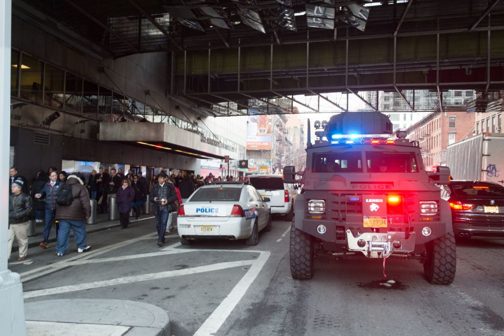 Police and other first responders respond to a reported explosion at the Port Authority Bus Terminal on December 11, 2017 in New York. New York police said Monday that they were investigating an explosion of "unknown origin" in busy downtown Manhattan, and that people were being evacuated. Media reports said at least one person had been detained after the blast near the Port Authority transit terminal, close to Times Square.Early media reports said the blast came from a pipe bomb, and that several people were injured. / AFP PHOTO / Bryan R. Smith (Photo credit should read BRYAN R. SMITH/AFP/Getty Images)