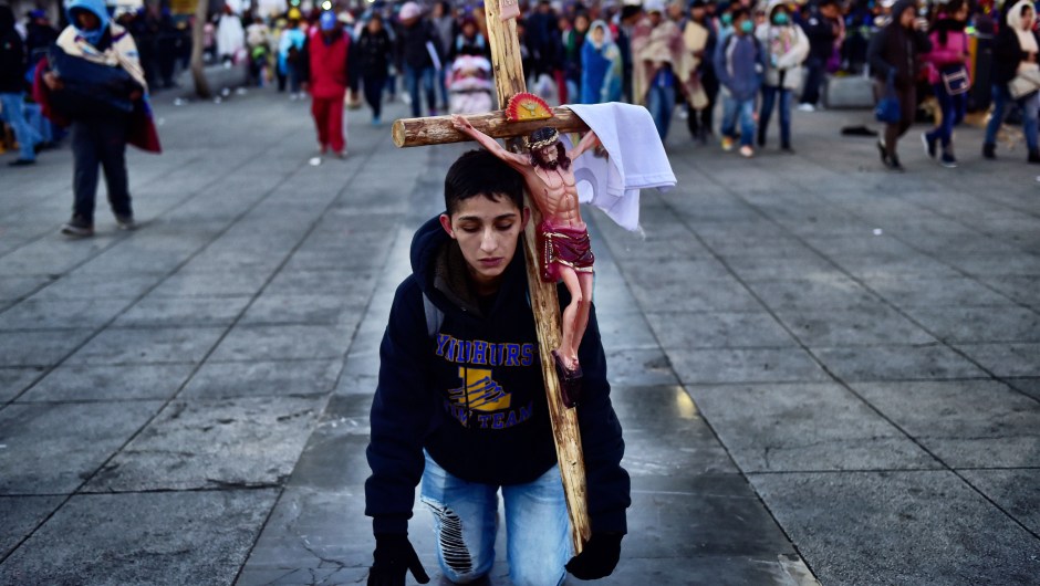 TOPSHOT - A penitent pays a promise during the feast of the Virgin of Guadalupe, patron saint of Mexico, in Mexico City on December 12, 2017. Millions of pilgrims visit Mexico City's Guadalupe Basilica to honour the country's patron saint, the Virgin of Guadalupe. / AFP PHOTO / Pedro PARDO (Photo credit should read PEDRO PARDO/AFP/Getty Images)TOPSHOT - A penitent pays a promise during the feast of the Virgin of Guadalupe, patron saint of Mexico, in Mexico City on December 12, 2017. Millions of pilgrims visit Mexico City's Guadalupe Basilica to honour the country's patron saint, the Virgin of Guadalupe. / AFP PHOTO / Pedro PARDO (Photo credit should read PEDRO PARDO/AFP/Getty Images)
