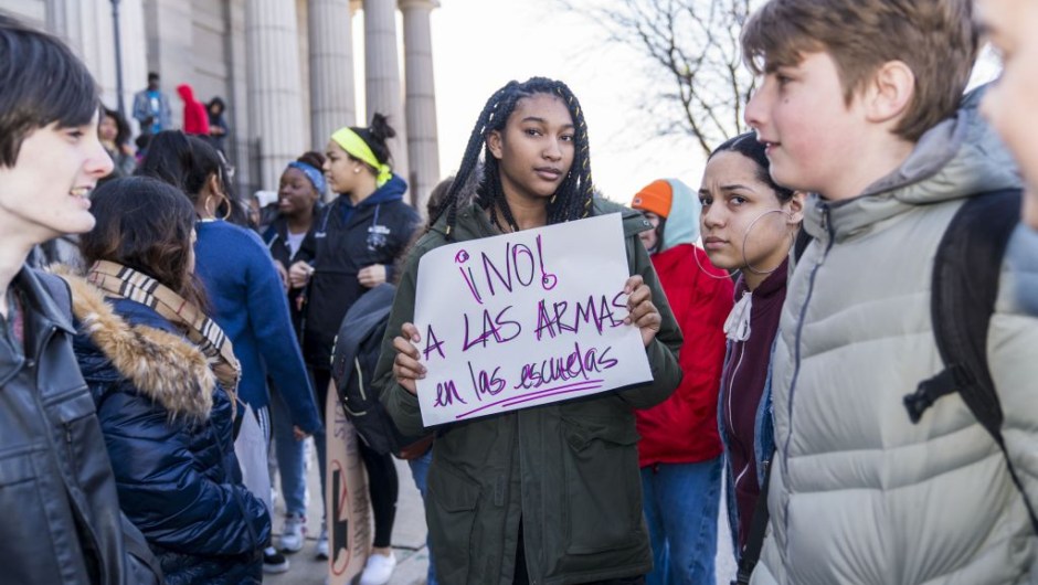 PHILADELPHIA, PA - MARCH 14: Students at Philadelphia High School of Creative And Performing Arts participate in a walkout to address school safety and gun violence on March 14, 2018 in Philadelphia, Pennsylvania. Students across the country are walking out of classes for 17 minutes to honor the lives of the 17 people killed at Stoneman Douglas High School in Florida this past February. (Photo by Jessica Kourkounis/Getty Images)