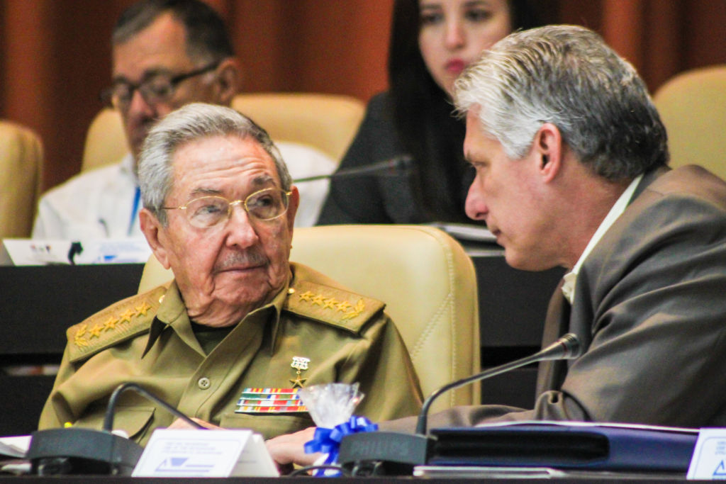 Cuban President Raul Castro (L) talks with first Vice President Miguel Diaz-Canel during the year-end parliamentary session at the Convention Palace in Havana, on December 21, 2017. Cuban President Raul Castro will step down in April 2018 straight after elections that same month to choose his successor, according to a vote Thursday in the island state's National Assembly. / AFP PHOTO / Jaime Blez (Photo credit should read JAIME BLEZ/AFP/Getty Images)