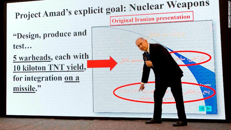 Momento de la presentación de Benjamín Netanyahu sobre el programa nuclear de Irán. (Crédito: AP Photo/Sebastian Scheiner)