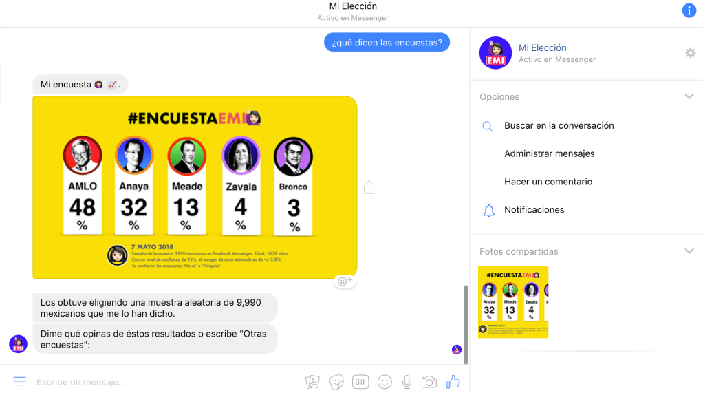 Conversación con EMI, robot de las elecciones mexicanas, en Facebook Messenger.