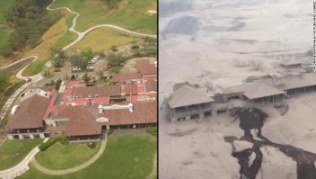 Estas fotos aéreas muestran el Hotel La Reunion antes, a la izquierda y después de la erupción volcánica mortal del domingo.