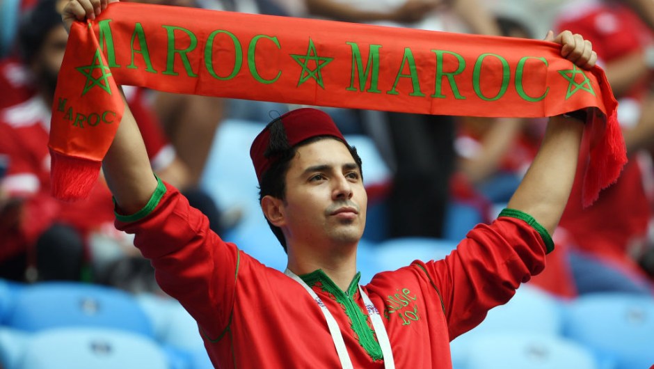 A Morocco fan cheers before the start of the Russia 2018 World Cup Group B football match between Morocco and Iran at the Saint Petersburg Stadium in Saint Petersburg on June 15, 2018. (Photo by Paul ELLIS / AFP) / RESTRICTED TO EDITORIAL USE - NO MOBILE PUSH ALERTS/DOWNLOADS (Photo credit should read PAUL ELLIS/AFP/Getty Images)