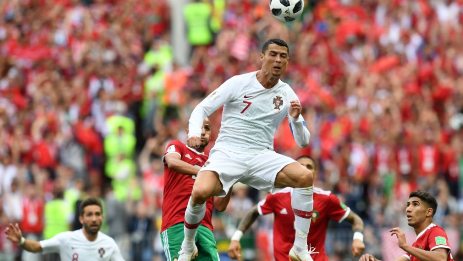 ortugal's forward Cristiano Ronaldo heads the ball during the Russia 2018 World Cup Group B football match between Portugal and Morocco at the Luzhniki Stadium in Moscow on June 20, 2018. (Photo by Francisco LEONG / AFP) / RESTRICTED TO EDITORIAL USE - NO MOBILE PUSH ALERTS/DOWNLOADS (Photo credit should read FRANCISCO LEONG/AFP/Getty Images)
