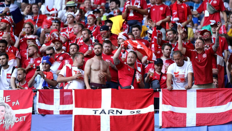 SAMARA, RUSSIA - JUNE 21: Denmark fans enjoy the pre match atmosphere prior to the 2018 FIFA World Cup Russia group C match between Denmark and Australia at Samara Arena on June 21, 2018 in Samara, Russia. (Photo by Maddie Meyer/Getty Images)