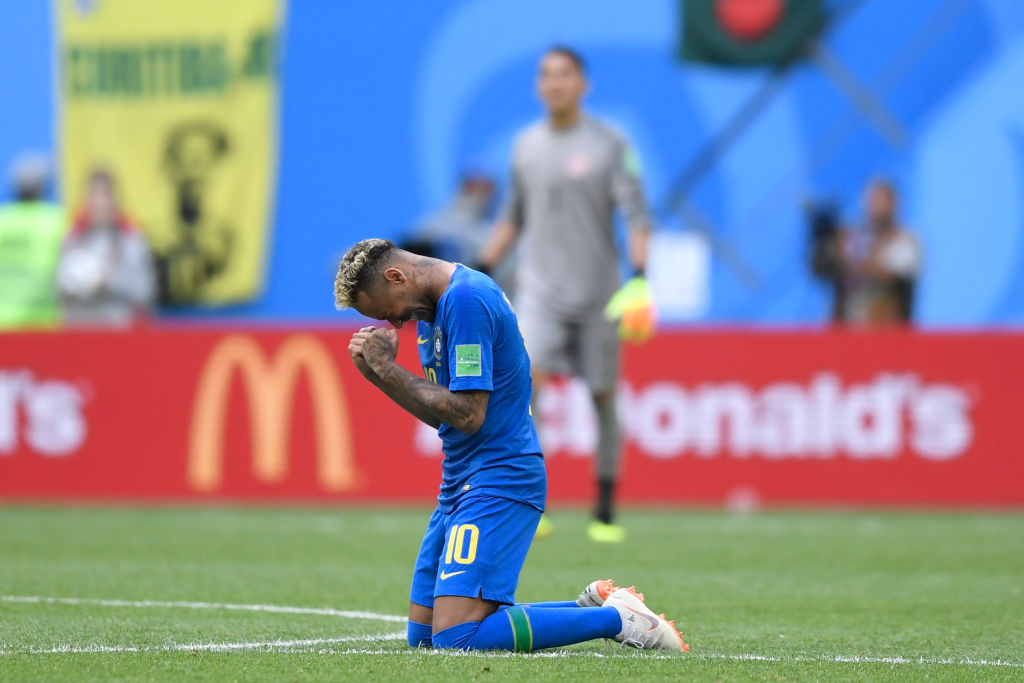TOPSHOT - Brazil's forward Neymar cries after scoring a goal during the Russia 2018 World Cup Group E football match between Brazil and Costa Rica at the Saint Petersburg Stadium in Saint Petersburg on June 22, 2018. (Photo by GABRIEL BOUYS / AFP) / RESTRICTED TO EDITORIAL USE - NO MOBILE PUSH ALERTS/DOWNLOADS (Photo credit should read GABRIEL BOUYS/AFP/Getty Images)