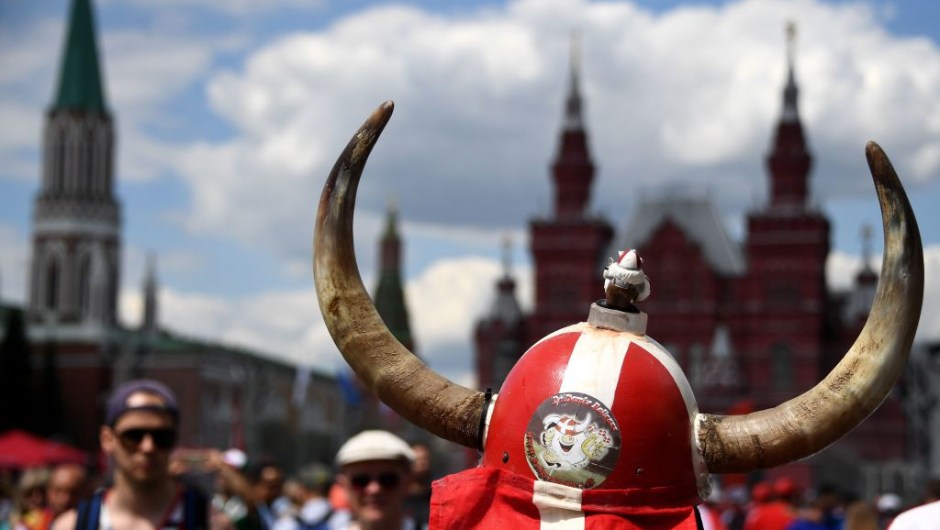 Denmark suporters gather in front of Saint Basil's Cathedral in Red Square in Moscow on June 26, 2018, during the Russia 2018 World Cup football tournament. (Photo by FRANCK FIFE / AFP) (Photo credit should read FRANCK FIFE/AFP/Getty Images)