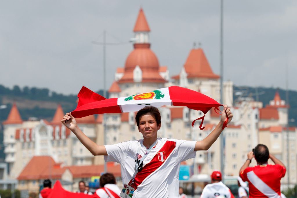 A Peru fan poses outside the stadium ahead of the Russia 2018 World Cup Group C football match between Australia and Peru at the Fisht Stadium in Sochi on June 26, 2018. (Photo by Adrian DENNIS / AFP) / RESTRICTED TO EDITORIAL USE - NO MOBILE PUSH ALERTS/DOWNLOADS (Photo credit should read ADRIAN DENNIS/AFP/Getty Images)