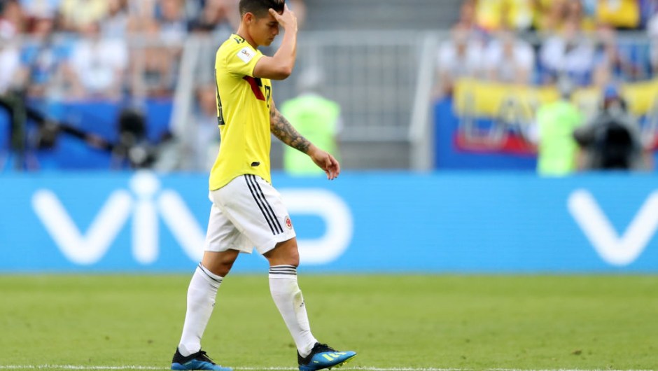 SAMARA, RUSSIA - JUNE 28: James Rodriguez of Colombia looks dejected as he is substituted off due to injury during the 2018 FIFA World Cup Russia group H match between Senegal and Colombia at Samara Arena on June 28, 2018 in Samara, Russia. (Photo by Michael Steele/Getty Images)