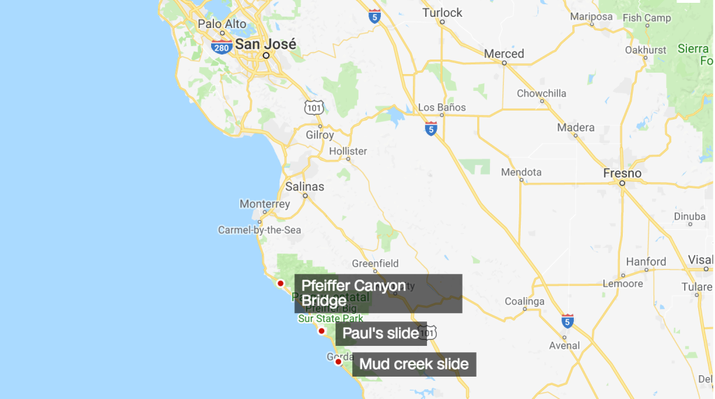 Localización de los diferentes puntos sepultados por el derrumbamiento en la carretera 1 de California.