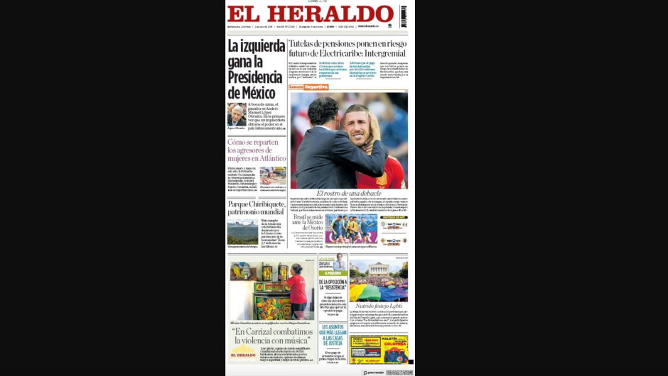Portada en papel del diario El Heraldo, de Colombia.