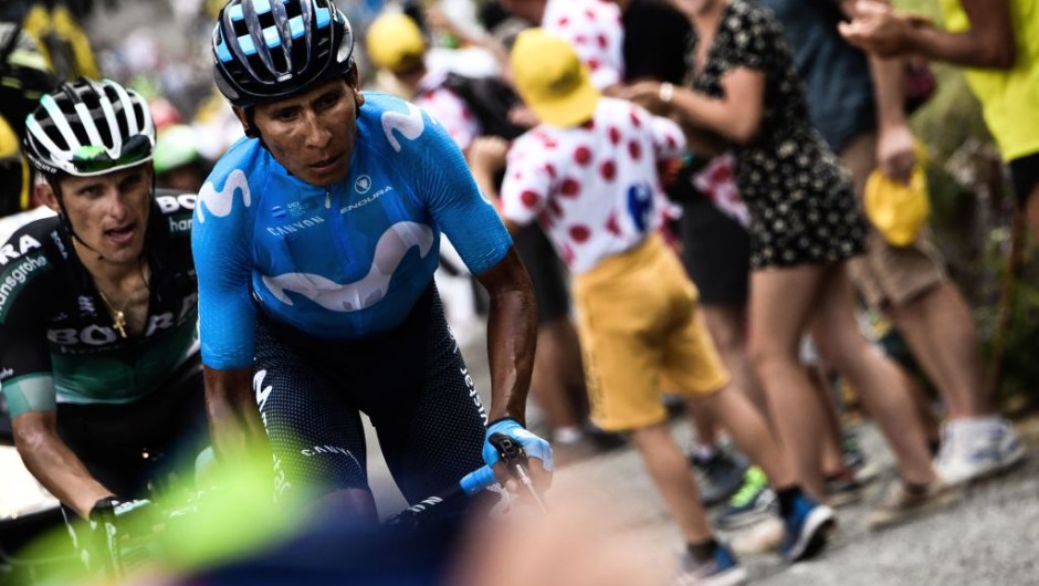 Colombia's Nairo Quintana (Front) and Poland's Rafal Majka ride during a two-men breakaway in Portet pass of the 17th stage of the 105th edition of the Tour de France cycling race, between Bagneres-de-Luchon and Saint-Lary-Soulan Col du Portet, southwestern France, on July 25, 2018. (Photo by Jeff PACHOUD / AFP) (Photo credit should read JEFF PACHOUD/AFP/Getty Images)