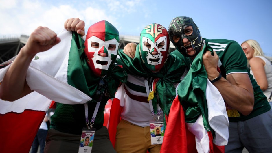 SAMARA, RUSSIA - JULY 02: Mexico fans enjoy the pre match atmosphere during the 2018 FIFA World Cup Russia Round of 16 match between Brazil and Mexico at Samara Arena on July 2, 2018 in Samara, Russia. (Photo by Matthias Hangst/Getty Images)