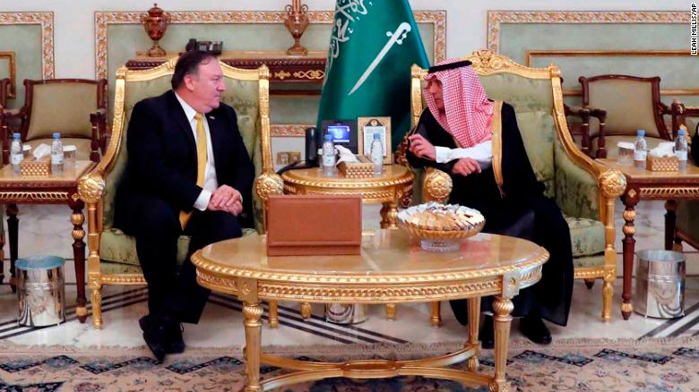 U.S. Secretary of State Mike Pompeo, centre left, talks with Saudi Foreign Minister Adel al-Jubeir, after arriving in Riyadh, Saudi Arabia, Tuesday Oct. 16, 2018. Pompeo arrived Tuesday in Saudi Arabia for high level diplomatic talks over the unexplained disappearance and alleged slaying of Saudi writer Jamal Khashoggi, who vanished two weeks ago during a visit to the Saudi Consulate in Istanbul. (Leah Millis/Pool via AP)