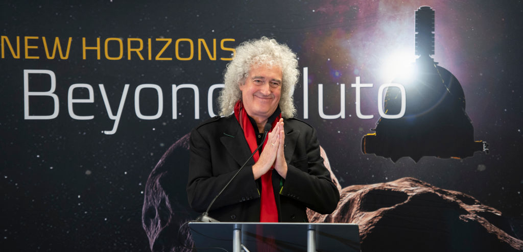 LAUREL, MD - DECEMBER 31: In this handout provided by NASA, Brian May, lead guitarist of the rock band Queen and astrophysicist discusses the upcoming New Horizon's flyby of the Kuiper Belt object Ultima Thule, Monday, December 31, 2018 at Johns Hopkins University Applied Physics Laboratory (APL) in Laurel, Maryland. (Photo by Bill Ingalls/NASA via Getty Images)
