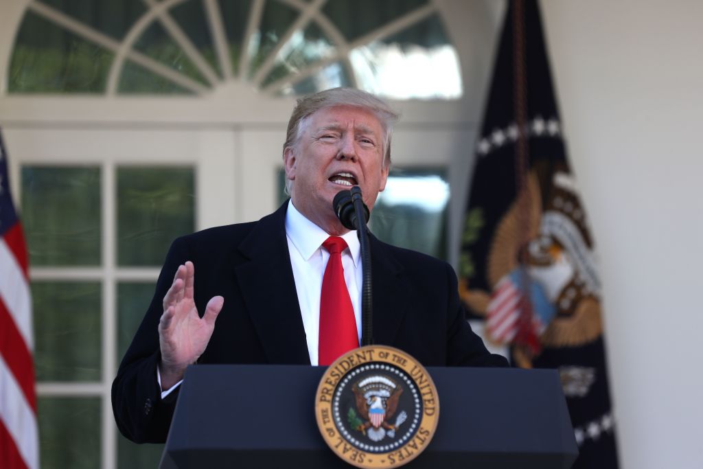 US President Donald Trump speaks about the government shutdown on January 25, 2019, from the Rose Garden of the White House in Washington, DC. - Trump says will sign bill to reopen the government until February 15. (Photo by Alex Edelman / AFP) (Photo credit should read ALEX EDELMAN/AFP/Getty Images)